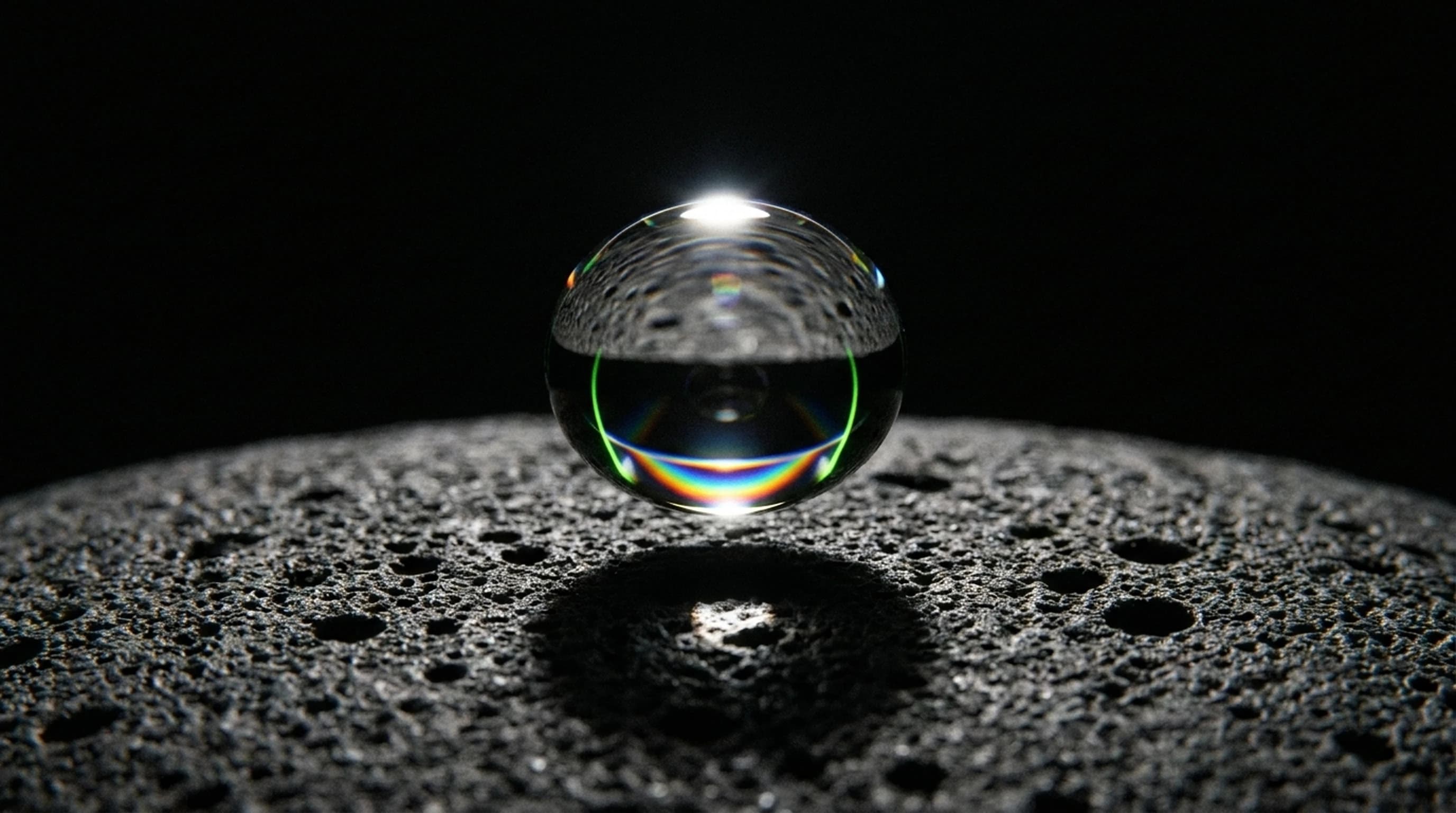 CGEYE IA Generativa — geração fotorrealista de imagens com AI: macro CGI de gota de líquido refratando luz em ambiente estúdio matte black, edição editorial impossível de fotografar
