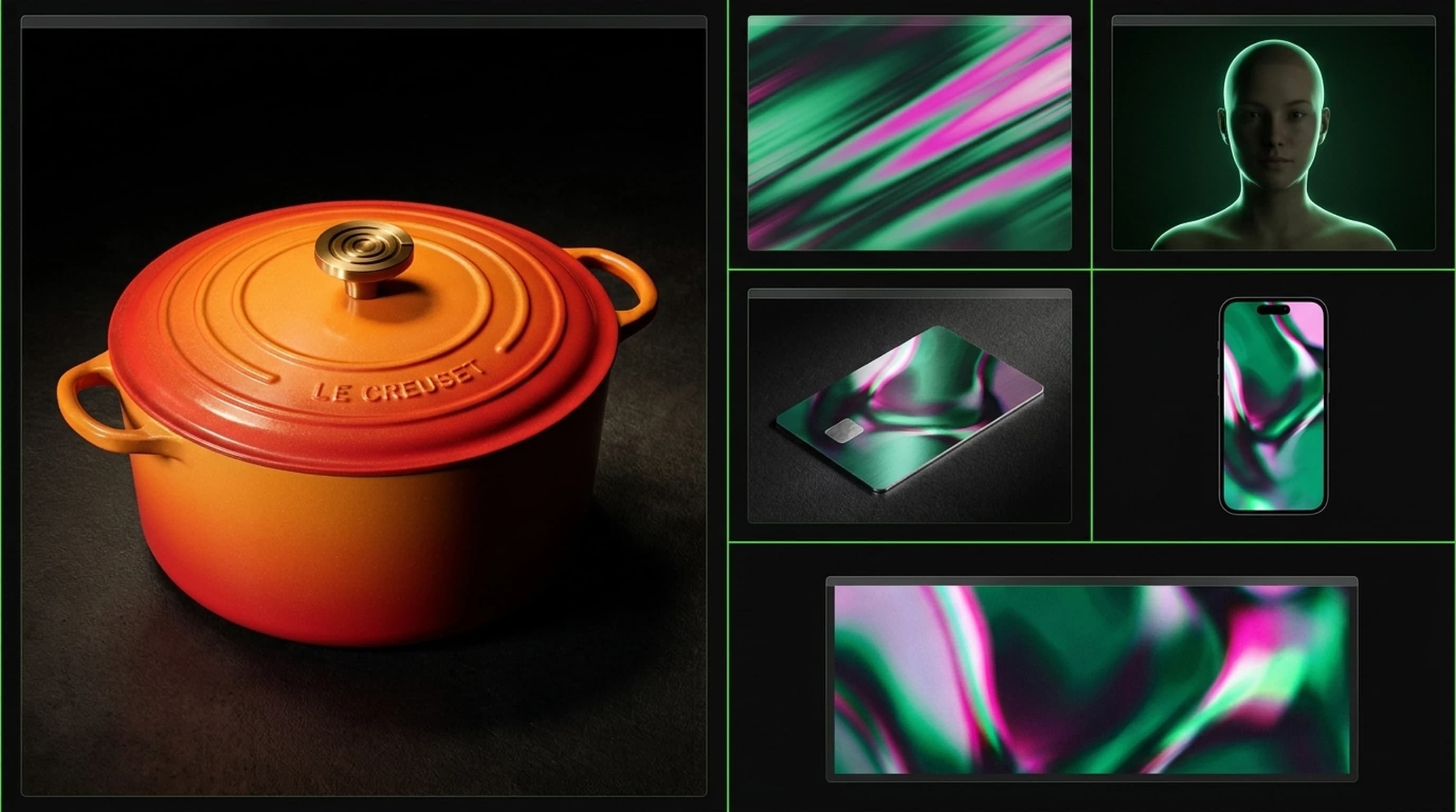 CGEYE CGI & 3D — renderização 3D fotorrealista de produtos premium: ecossistema de marca multi-formato em grid isométrico, ambiente cinematográfico cinema 4D