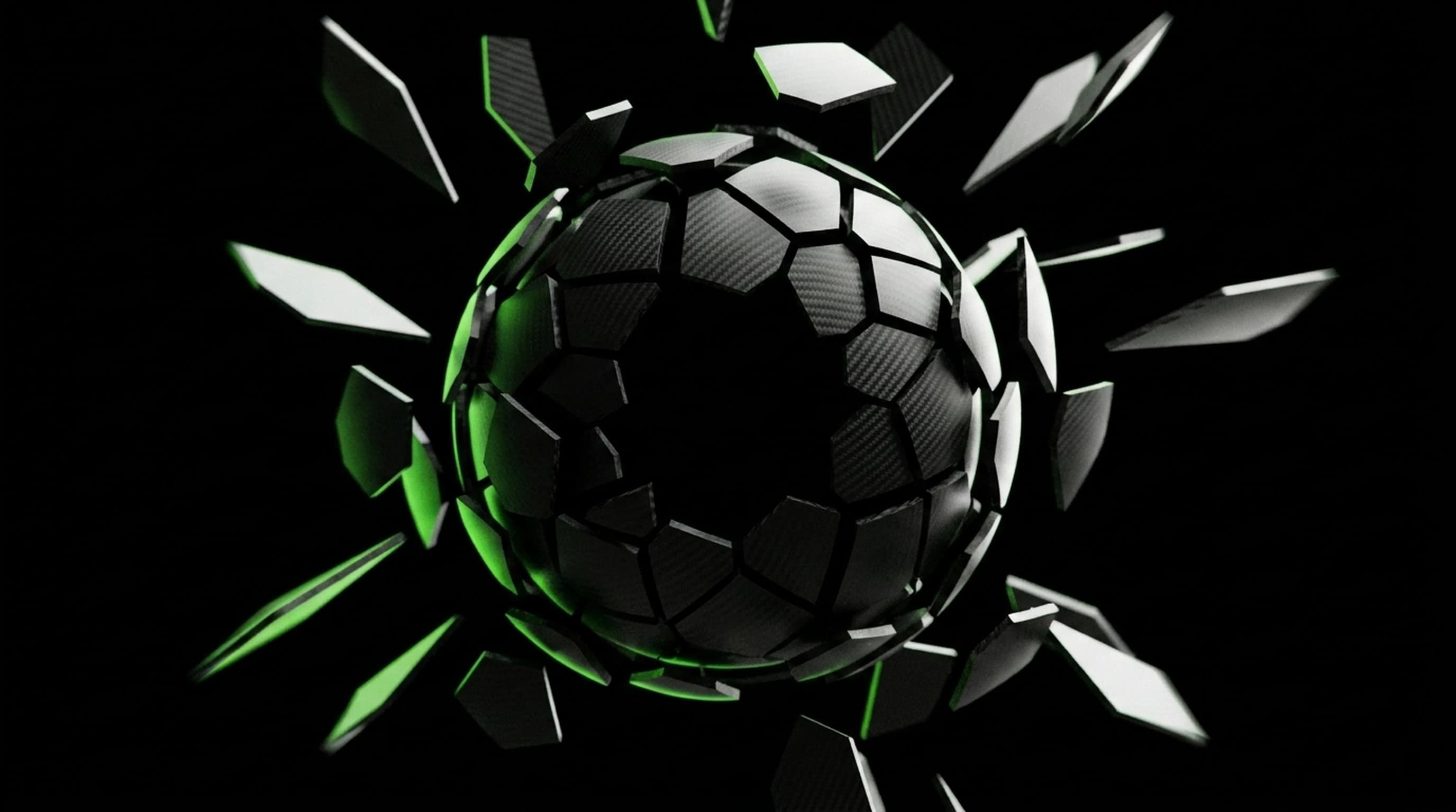 CGEYE Motion Design — esfera matte black fragmentando em câmera lenta com trajetória radial controlada, energia cinética arrested mid-air, animação 3D precisão