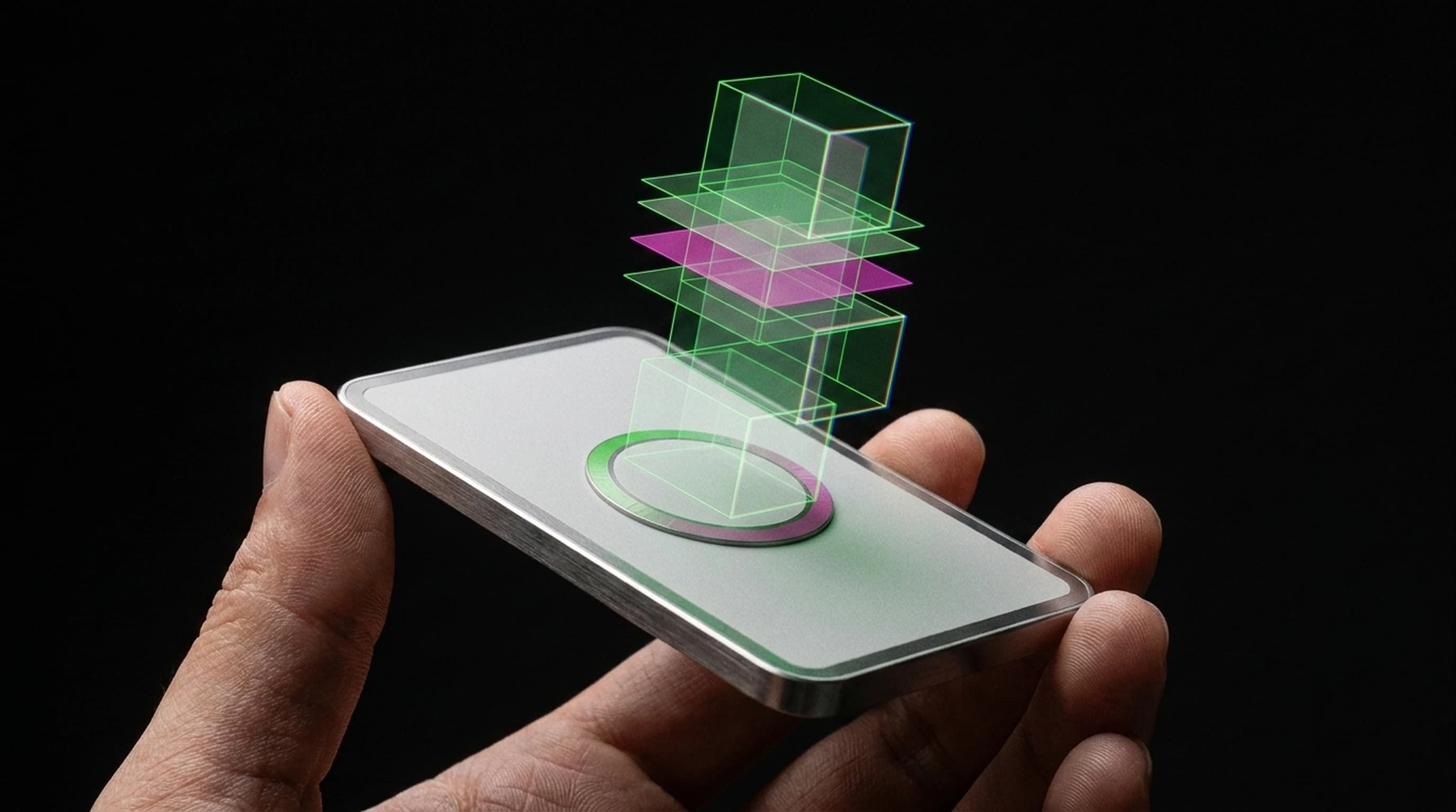 CGEYE NFT & Blockchain — cartão NFC de aço PVD em mão com holograma de token Verde+Rosa emanando, ponte físico-digital, certificação de obras de arte
