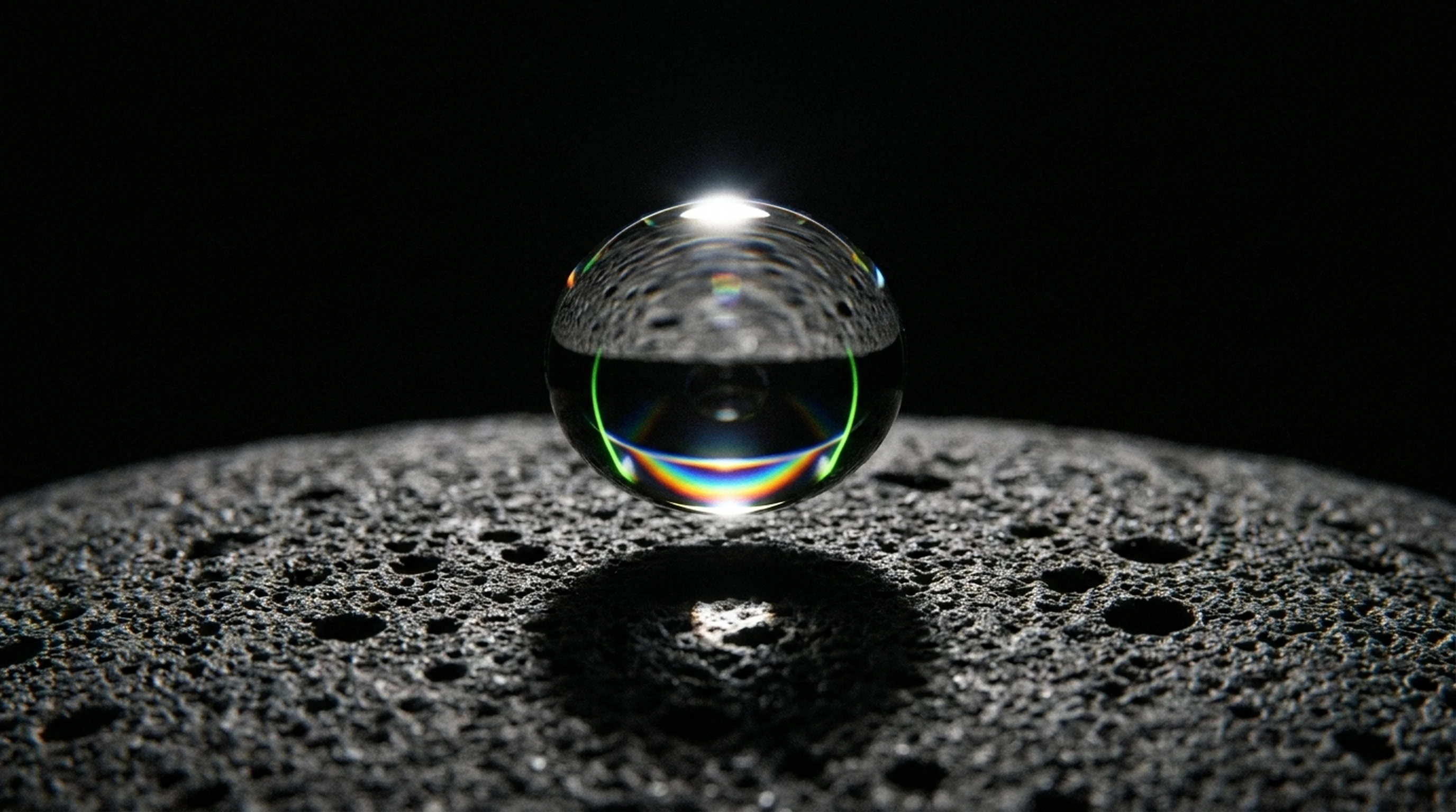 CGEYE Generative AI — photorealistic AI imagery: macro CGI of liquid droplet refracting light in matte black studio, editorial composition impossible to photograph