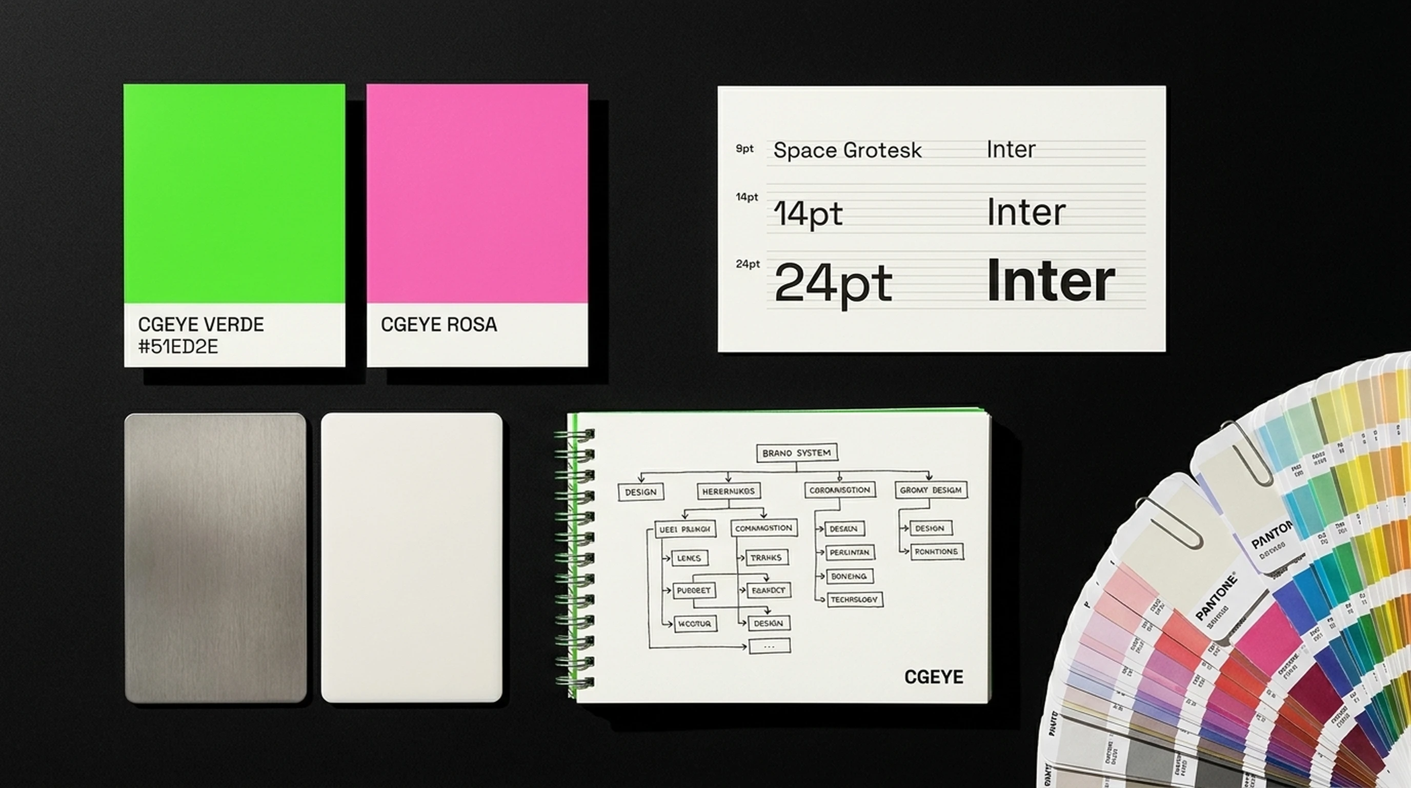 CGEYE Visual Strategy — overhead god-shot of brand system workspace with color swatches, typographic specimens and brand architecture diagram, creative direction